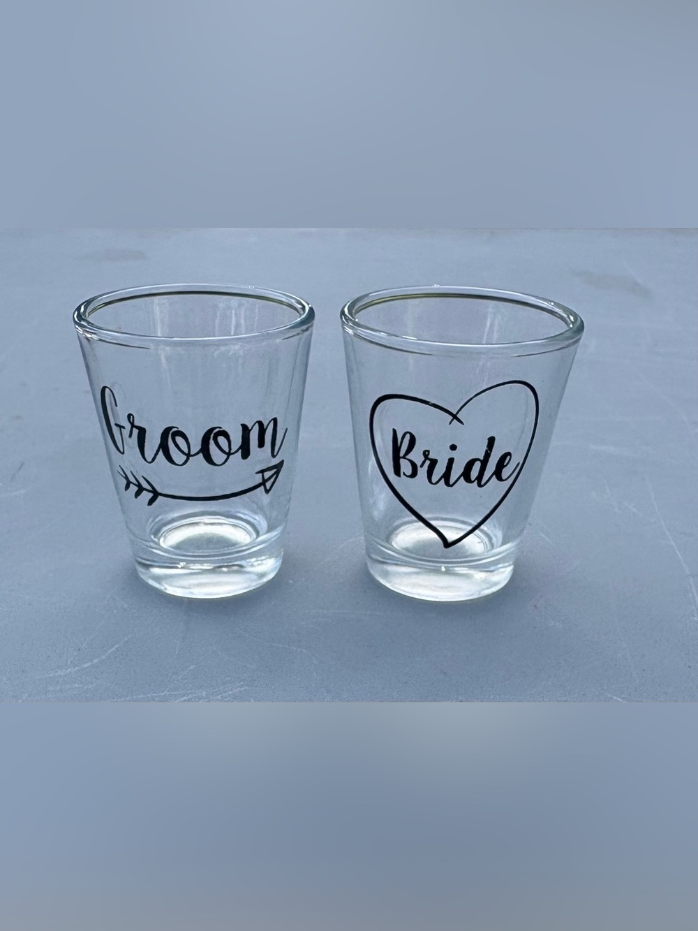 Bride and Groom Clear Shot Glass Set - Black Script